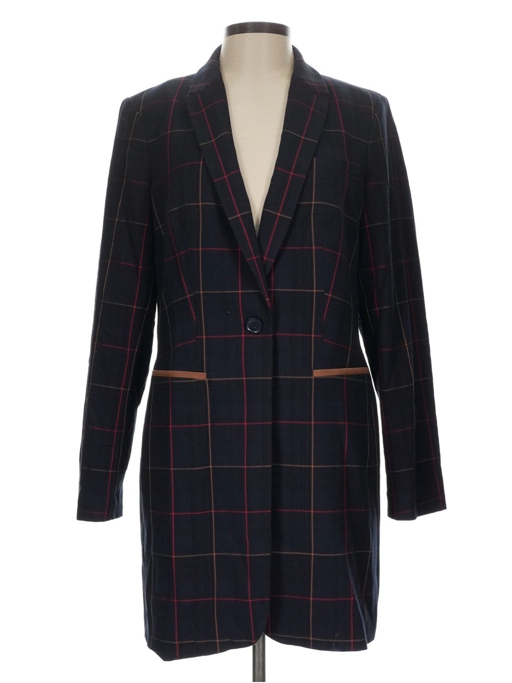 Tommy Hilfiger Navy Windowpane One-Button Longline Blazer 12